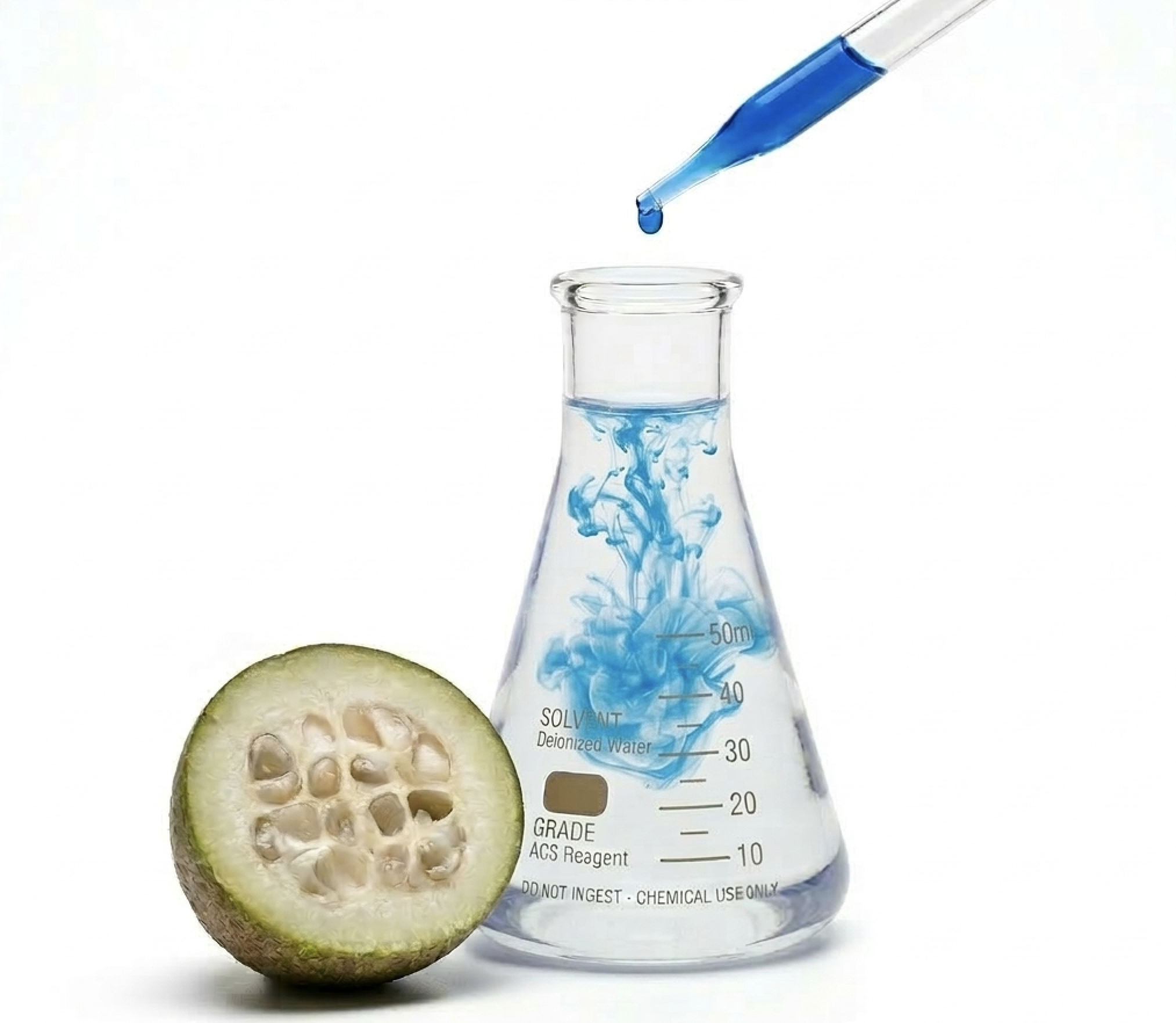 A Huito fruit (Genipa americana) on a laboratory bench with a pipette adding a drop of blue colorant into an Erlenmeyer flask, where it is dispersing. This image represents the extraction and application of BioconColors natural colorants for blue hues.