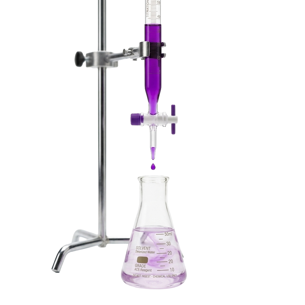 Laboratory titration of natural purple food coloring from purple sweet potato in an Erlenmeyer flask, BioconColors quality control.