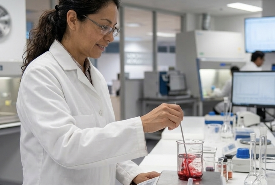 A female laboratory technician at BioconColors wears a white lab coat and safety glasses while conducting stability testing on natural. Engineering Success through Science-Driven Natural Colorscolorants, analyzing vibrant liquid samples.