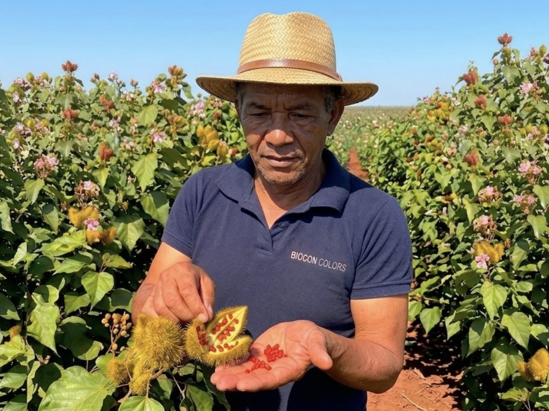 A local farmer wearing a BioconColors shirt opening a fresh Annatto pod to reveal the pigment-rich red seeds, showcasing the natural origin of Bixin and Norbixin.