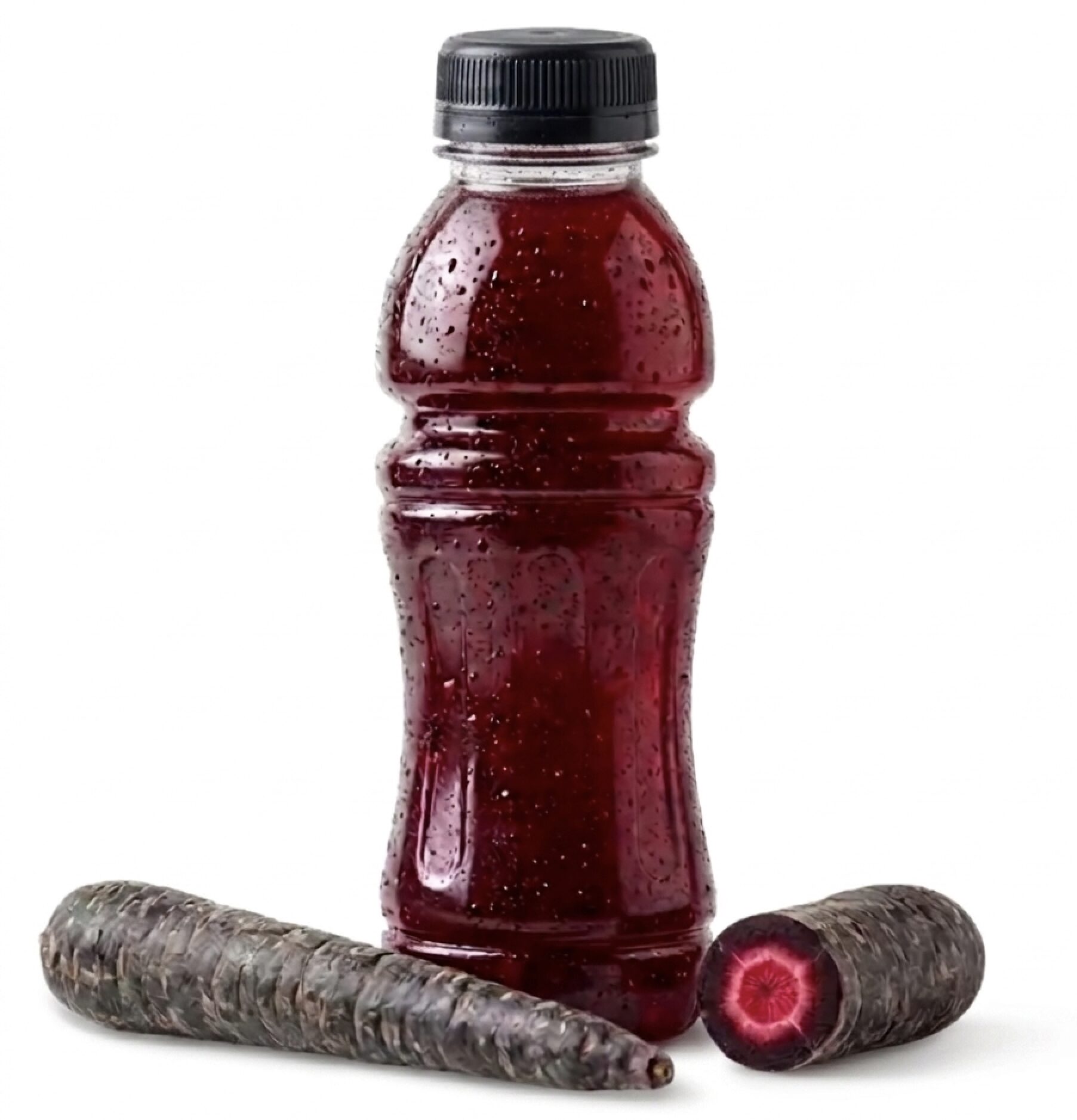 A sleek bottle of energy drink with a deep bordeaux red hue, displayed next to a fresh black carrot, showcasing BioconColors natural colorant solutions for functional beverages.